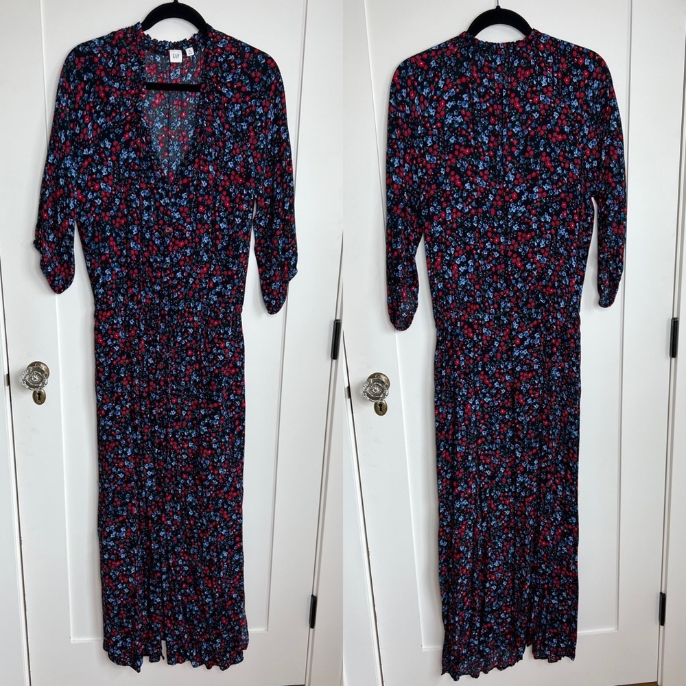 🕶️Navy Red Floral Print Button Down Maxi Dress Gap Size M Tall - Picture 3 of 8